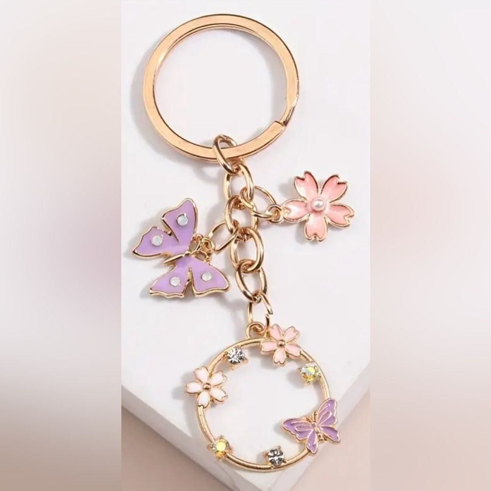 BAG CHARM Dainty Butterfly Flowers Themed Keychain NIP